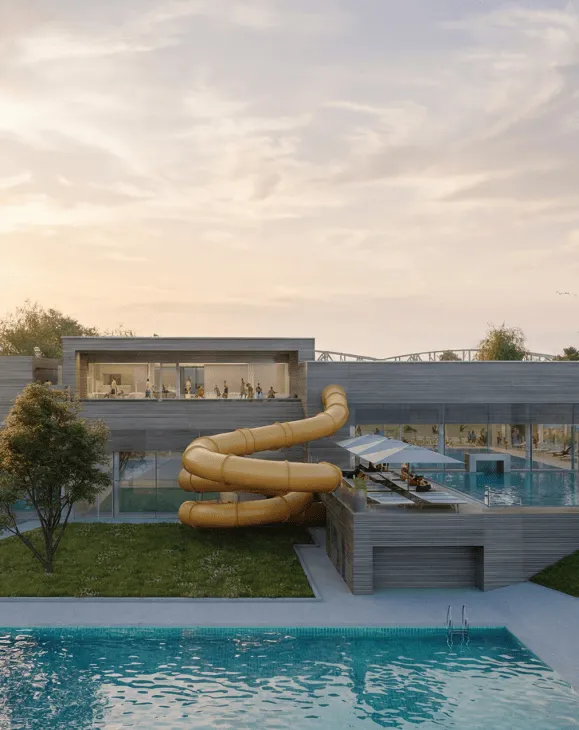 Architektur des Mirador mit Röhrenrutsche, Außenbecken und Sonnenterrasse