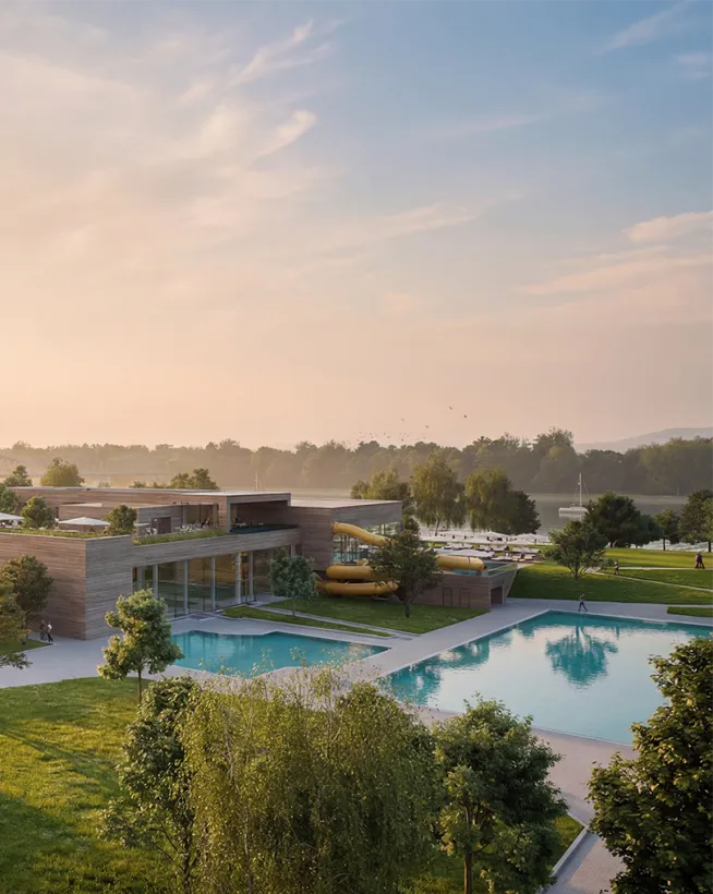 Außenansicht des Mirador mit Freibad, Rutsche und Außenbecken in Krems