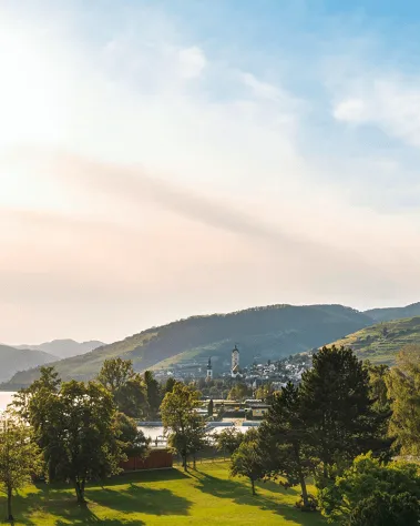 Panoramablick über Stein und die Wachau und die Donau