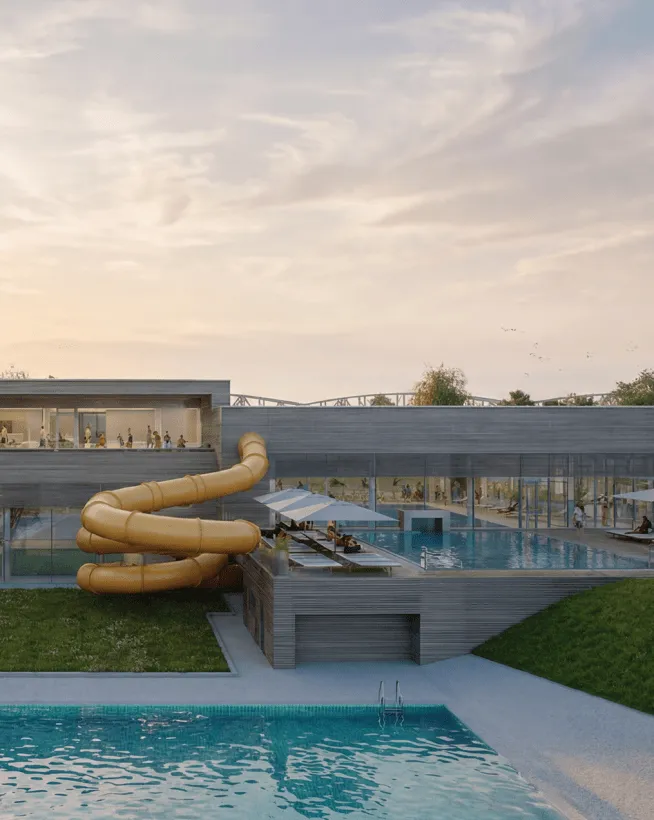 Außenbereich des Mirador mit Röhrenrutsche, Außenbecken und Sonnenterrasse