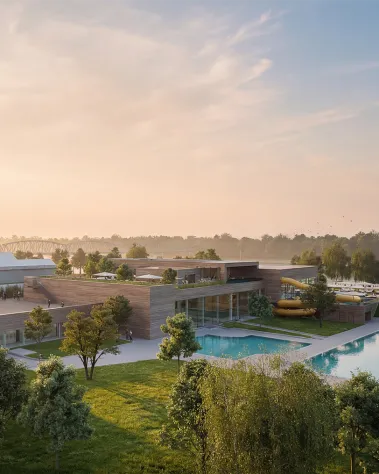 Außenansicht des Mirador mit Freibad, Liegewiese, Rutsche und Außenbecken in Krems