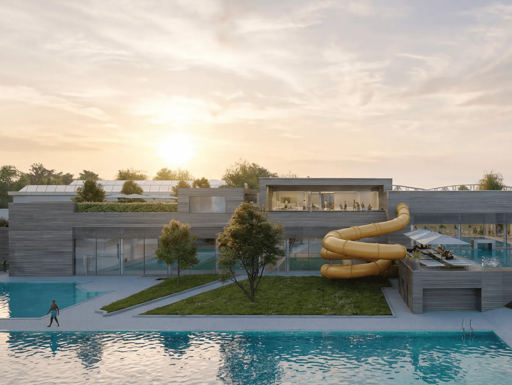 Außenbereich des Mirador mit Röhrenrutsche, Außenbecken und Sonnenterrasse