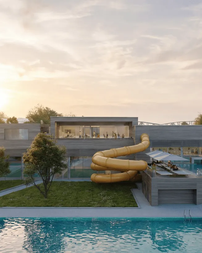 Außenansicht des Mirador in Krems mit Röhrenrutsche, Sportbecken und Freizeitbecken